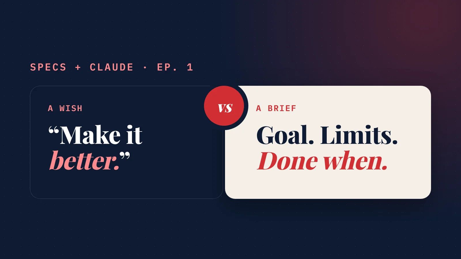 Cover: Specs + Claude, episode 1. A wish, “Make it better,” versus a brief: goal, limits, done when.