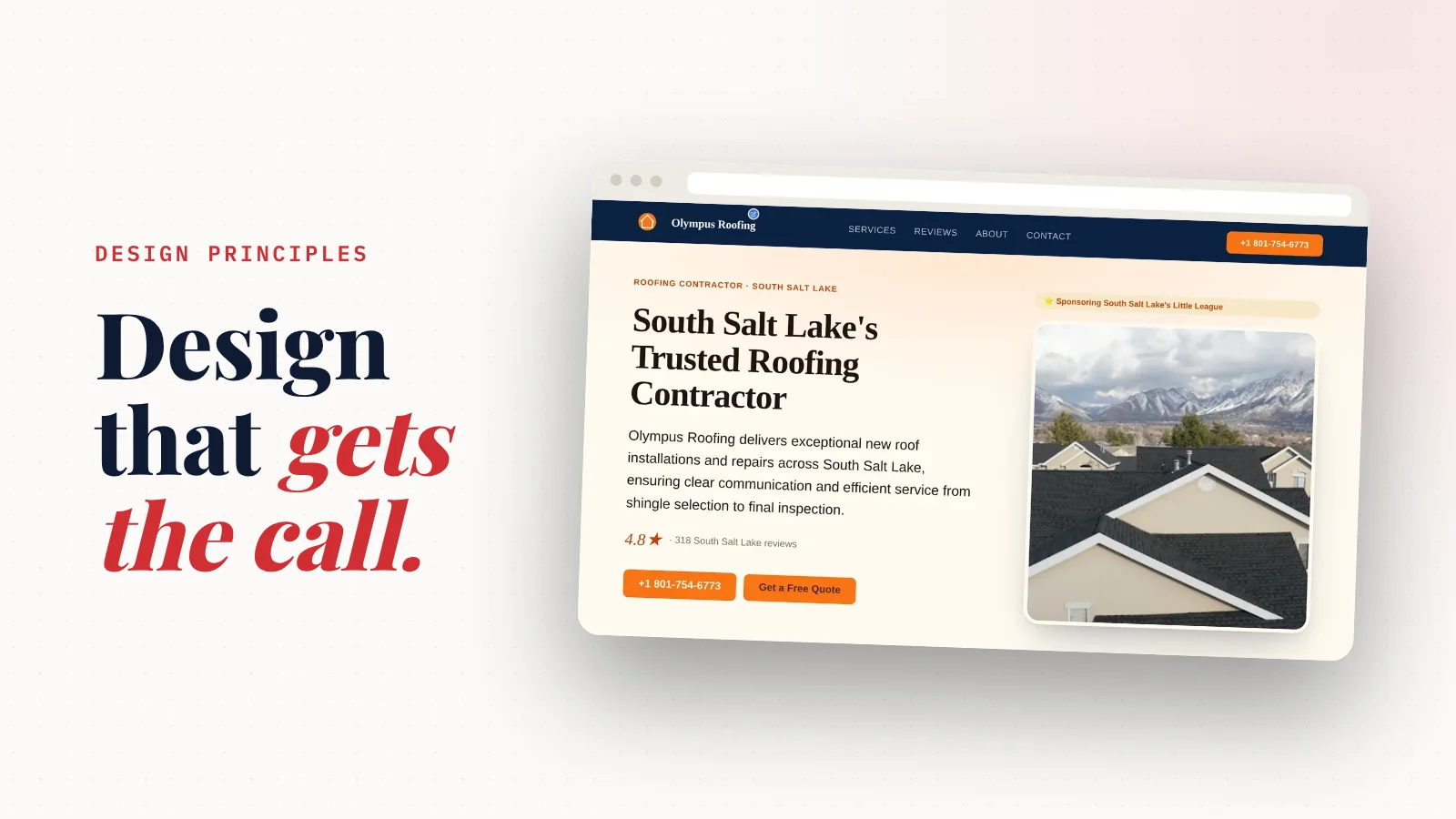 Cover: Design principles. Design that gets the call. A real SiteNeuro roofing website in a browser frame.
