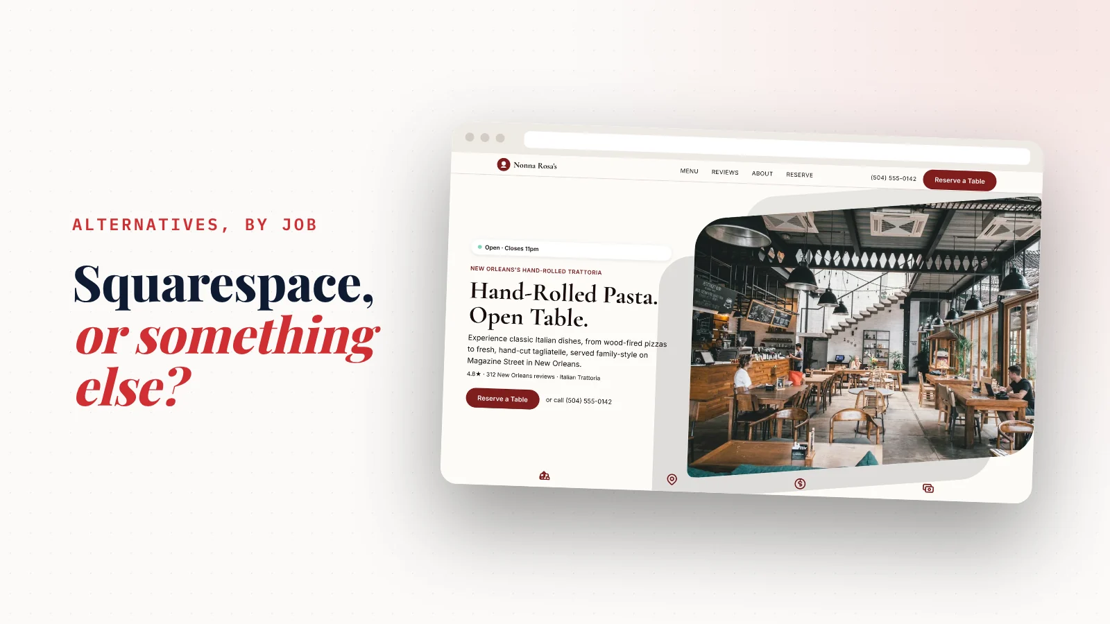 Cover: Alternatives, by job. Squarespace, or something else?