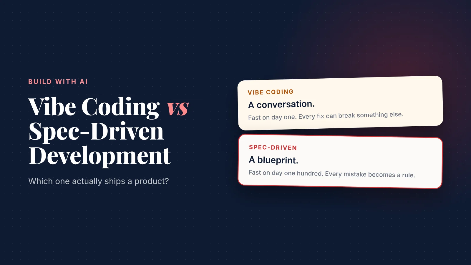 Vibe coding vs Spec-Driven Development: vibe coding is a conversation, fast on day one; spec-driven is a blueprint, fast on day one hundred