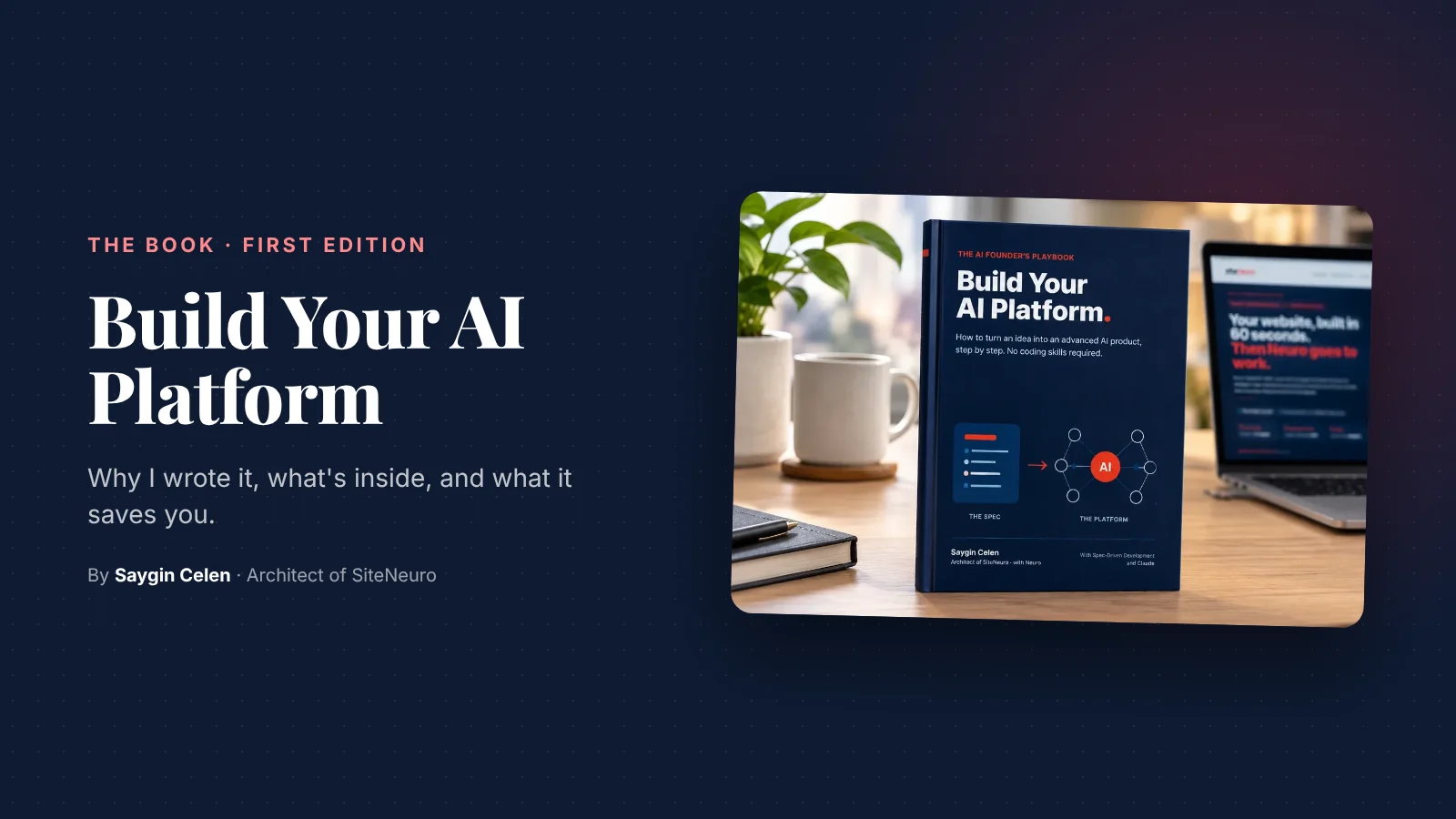 Cover for Build Your AI Platform by Saygin Celen: why I wrote it, what's inside, and what it saves you, next to a photo of the book
