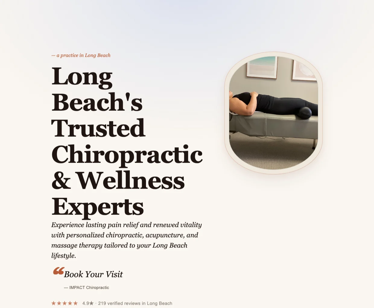 A real chiropractic website Neuro built for Impact Chiropractic in Long Beach — a clear headline, listed services, and a 4.9-star rating from 219 reviews, all structured so AI assistants can read and cite it
