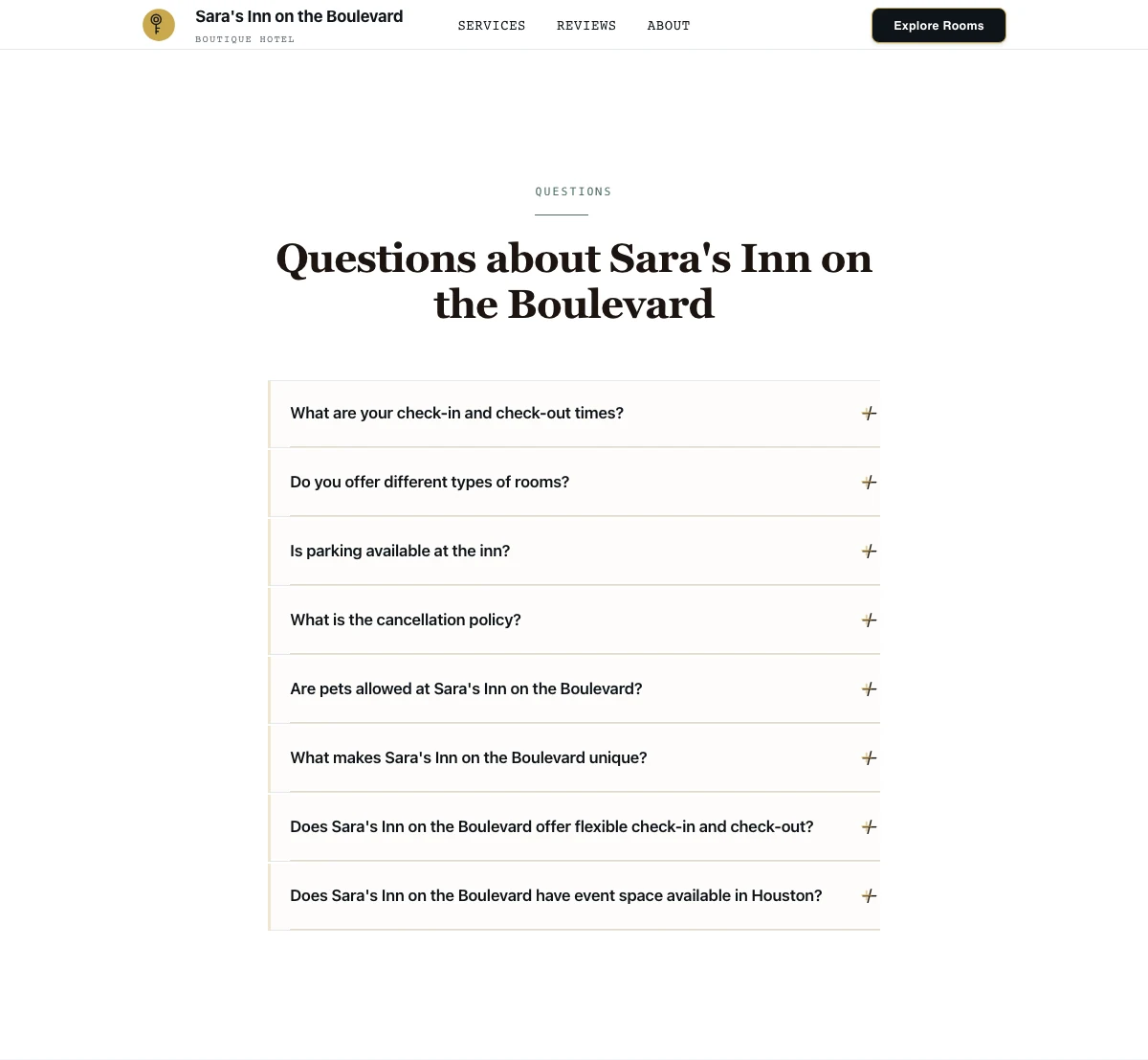 A real SiteNeuro demo site's FAQ section — eight plain-language questions and answers about the business, exactly the kind of clear, structured content AI assistants read and quote