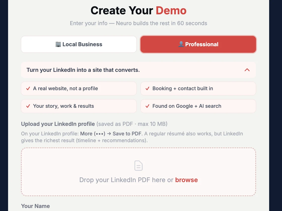 The Professional demo form on siteneuro.com — choose "Professional," drop in the PDF you saved from LinkedIn, and Neuro builds your site from it