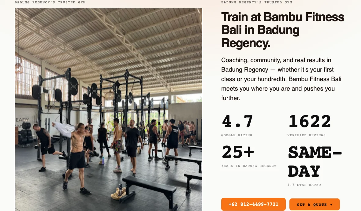 A real, finished gym website Neuro built for Bambu Fitness Bali — real photos, a 4.7-star rating, 1,622 reviews, and same-day booking. The kind of site most DIY projects never reach.