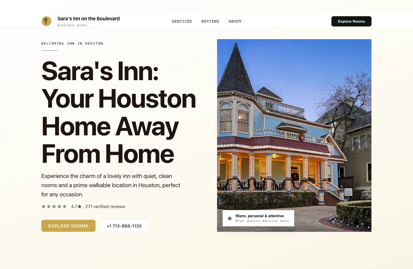 A live boutique-hotel website Neuro built for Sara's Inn — real photography, a 4.7-star rating, 271 verified reviews, and Explore Rooms and call buttons