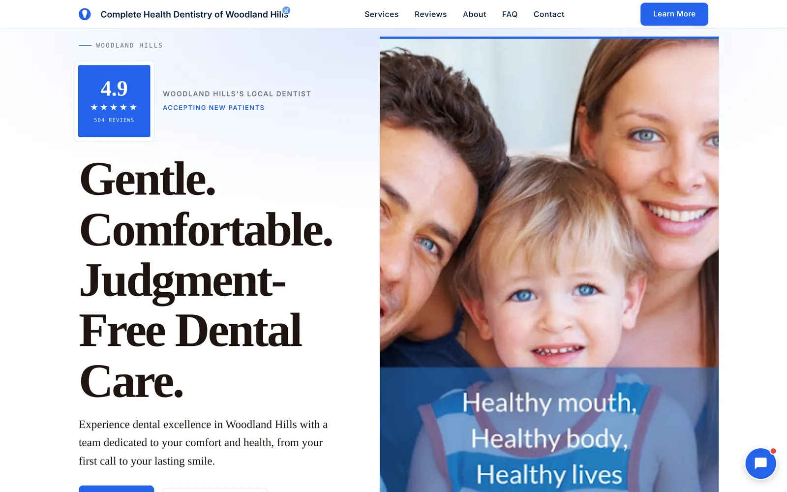 Professional: a dental clinic in calm blue, its 4.9 rating in one blue badge, and "accepting new patients" where an anxious patient looks first.