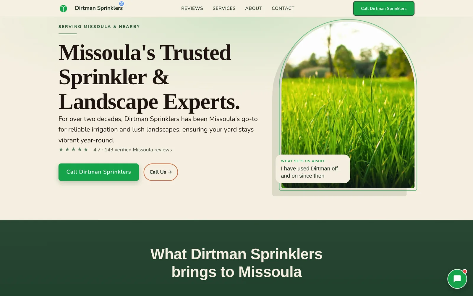 Friendly: green for a sprinkler and landscape company, its own lawn in an arched frame, and a customer's line pinned to the photo.