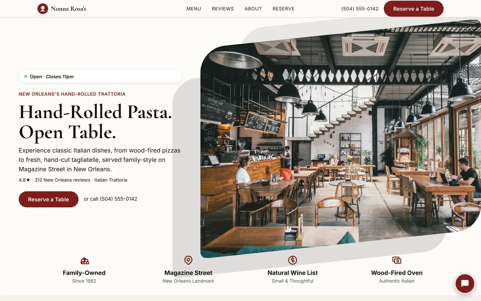 A trattoria's own dining room as the first thing you see, with its real rating and one clear action: Reserve a Table.
