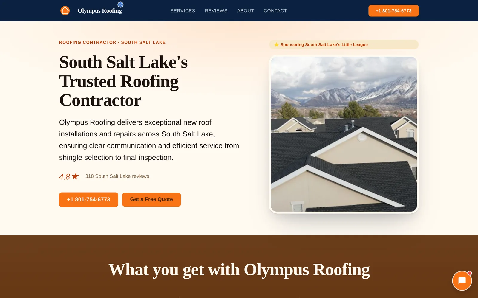 Urgent: a roofer's real job photo, the rating up front, and two orange actions, call or get a quote.