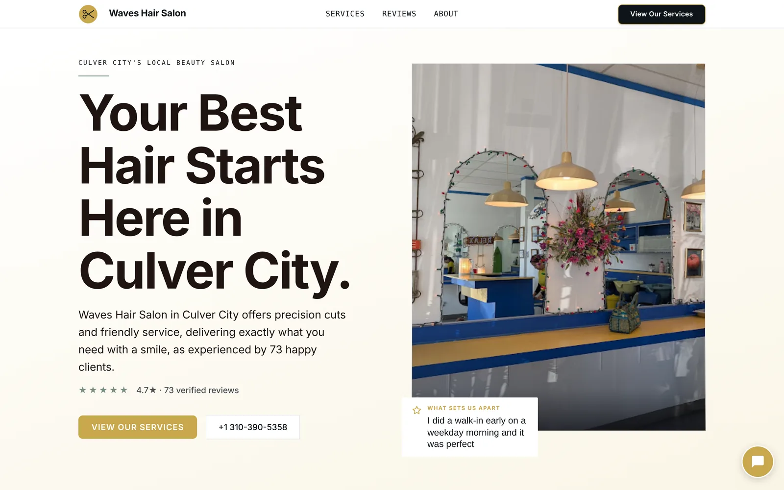Aesthetic: a salon's own interior, a big confident headline, and a quiet gold button.
