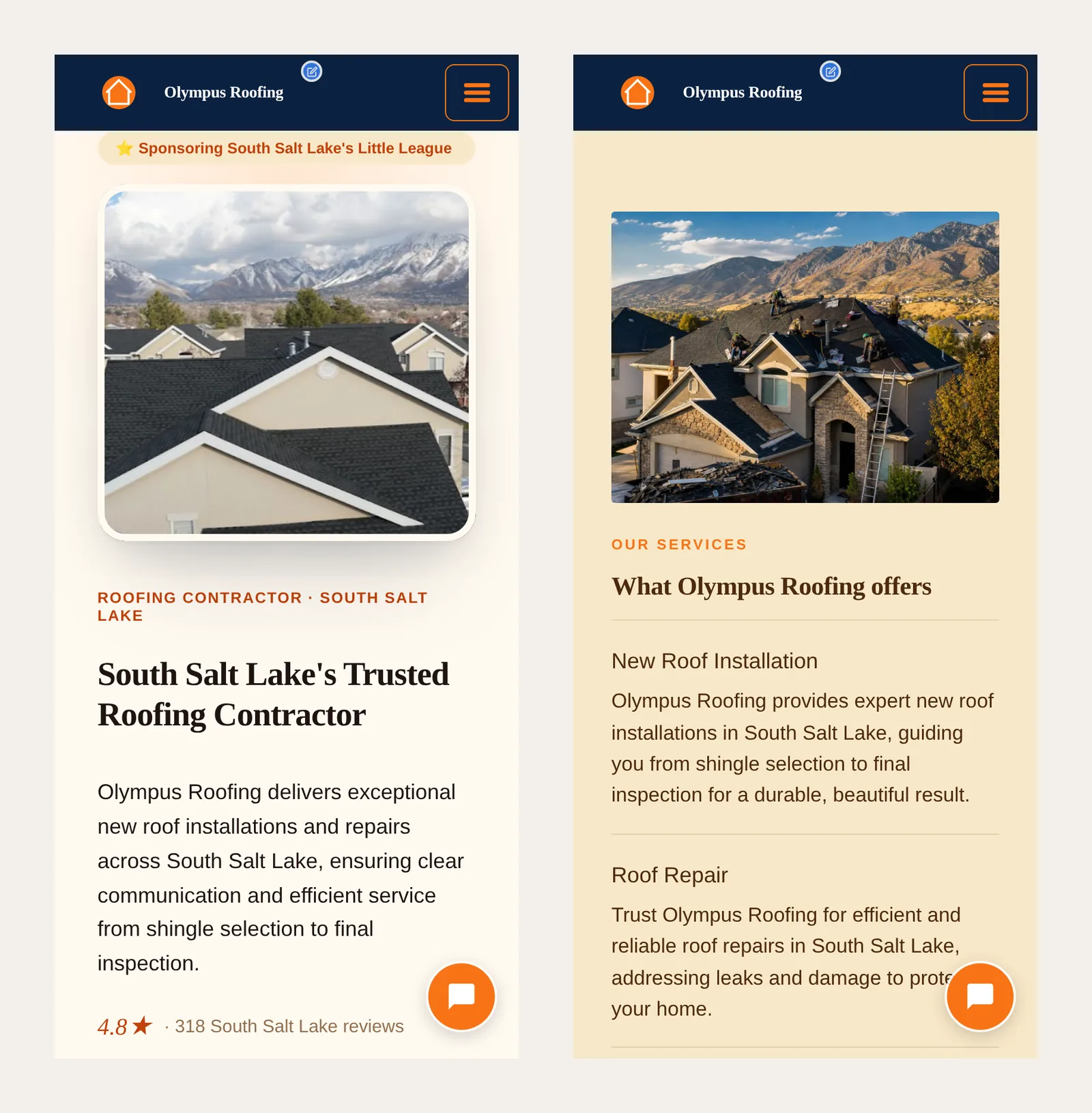 The roofer's site on a phone. Left: the real job photo, then a large headline you can read at arm's length. Right: services as short, readable rows, with the chat button always in thumb reach.