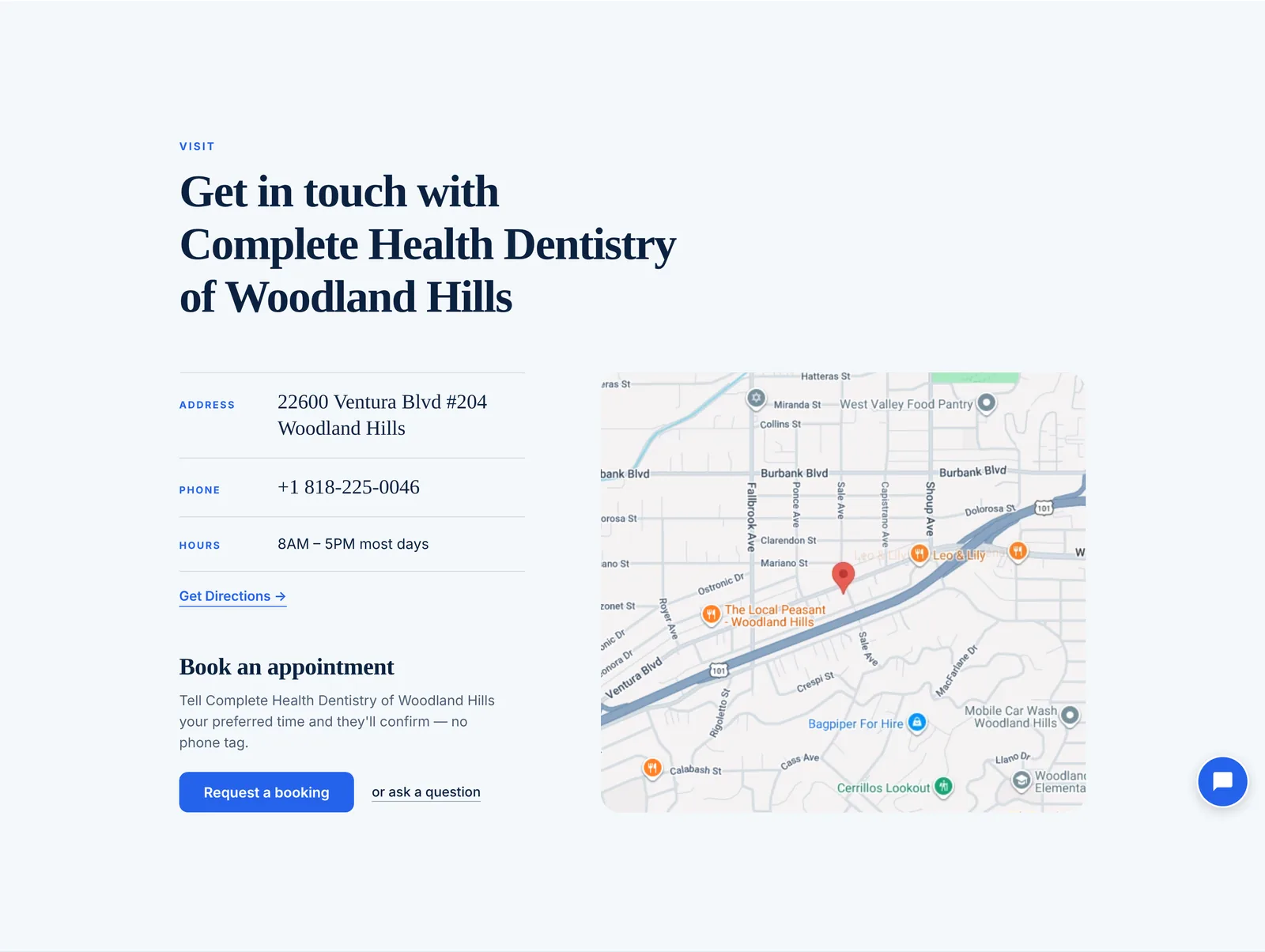 Address, phone and hours on thin lines, one link for directions, a live map, and one clear action: Request a booking.
