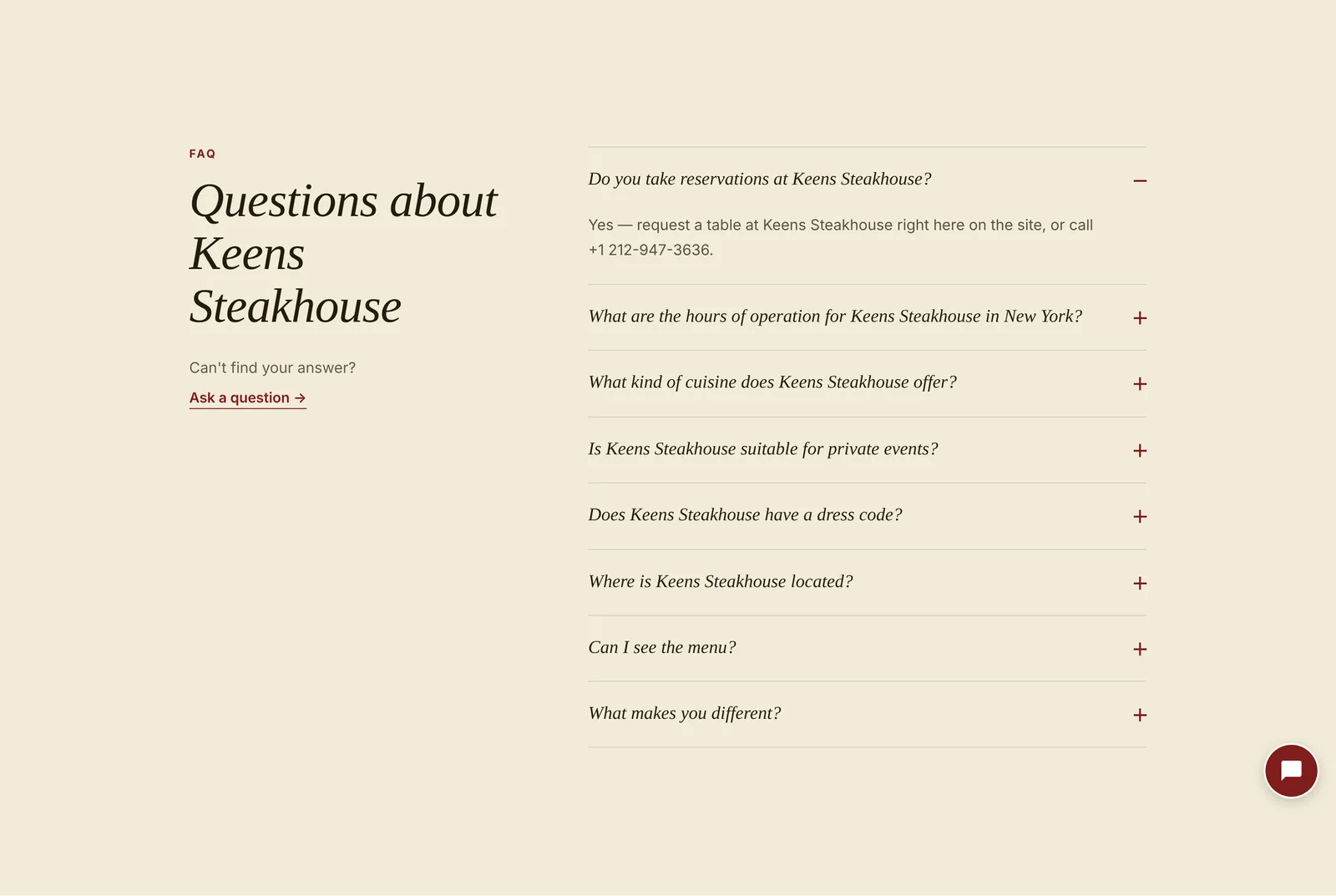 Questions in a light, readable style with plenty of space. "Can't find your answer?" opens the chat.
