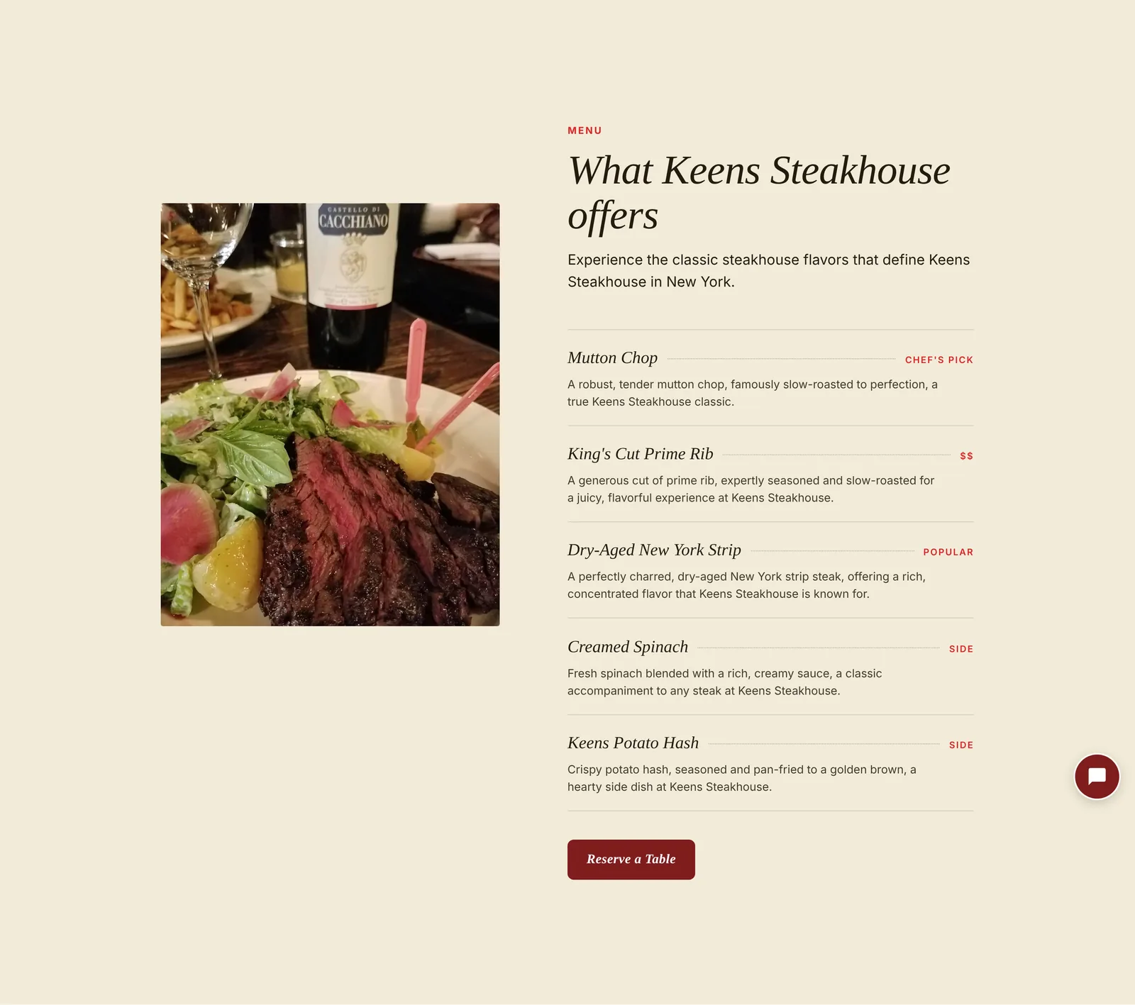 A steakhouse menu set like a printed one: dish names in an elegant serif, thin lines between rows, a small "Chef's pick" tag in the accent colour. One photo beside the list, one action under it.