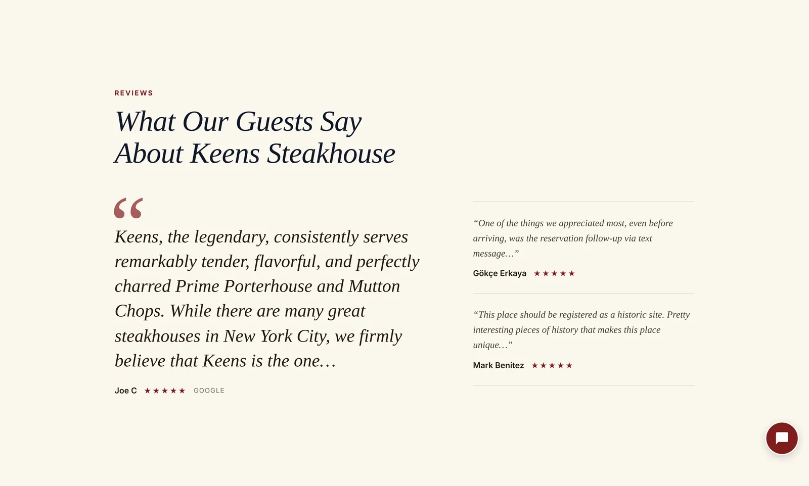 One customer's words, large enough to read from across the room. Two more quotes beside it, each signed with the reviewer's name and real star rating.