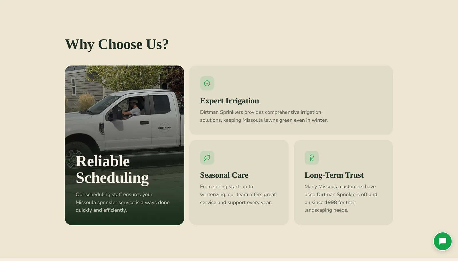 "Why choose us" as one large photo tile and three reasons, each one taken from what customers actually said ("off and on since 1998"), not from a list of generic promises.