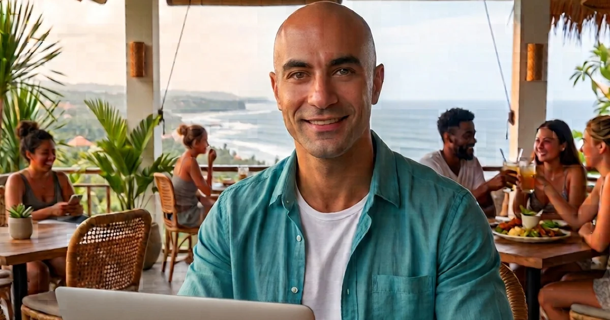Saygin Celen, founder of SiteNeuro, working on his laptop at an oceanview cafe in Bali
