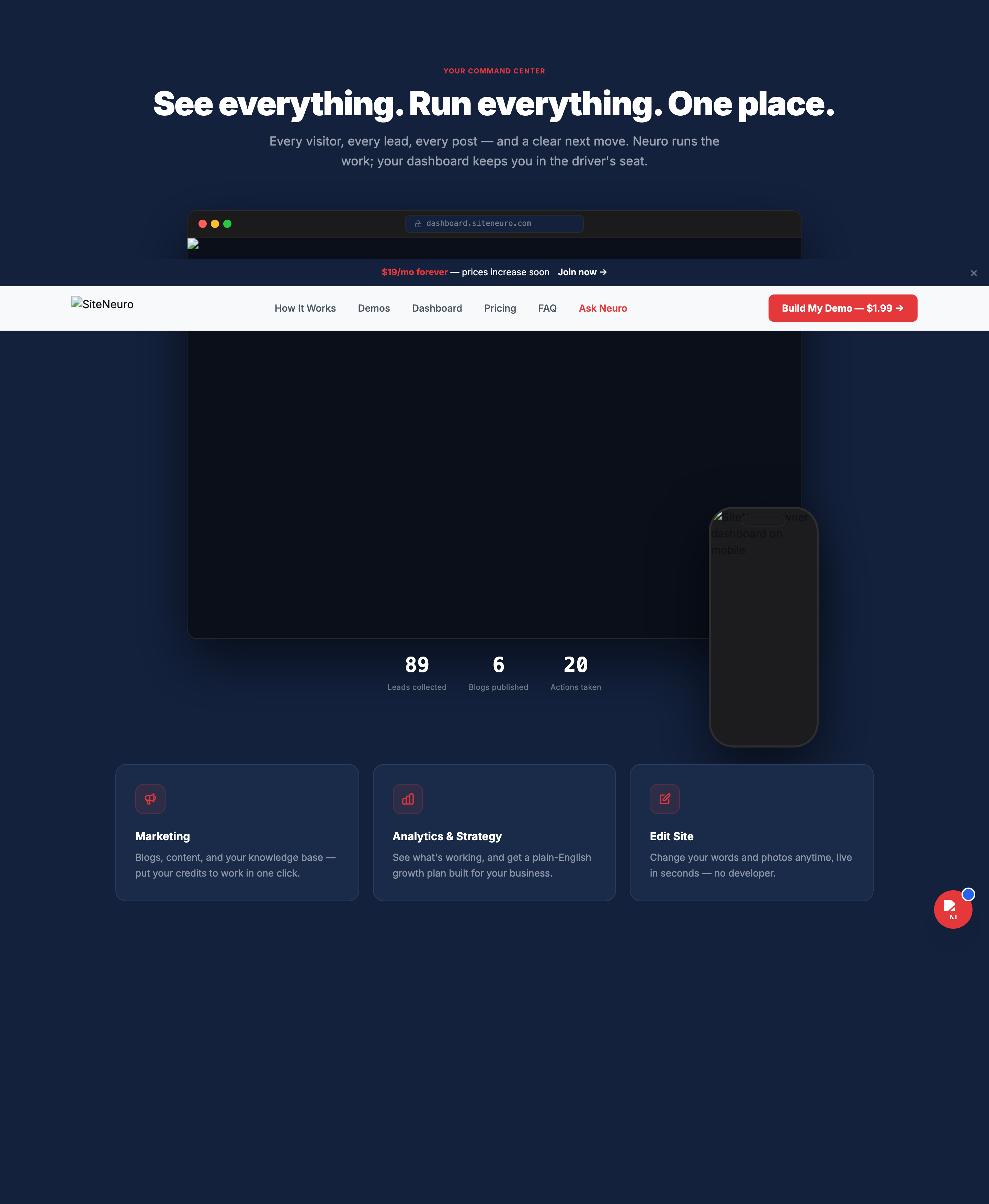 The Neuro owner command center — your site, your customers, and your growth in one place, with plain-language next steps