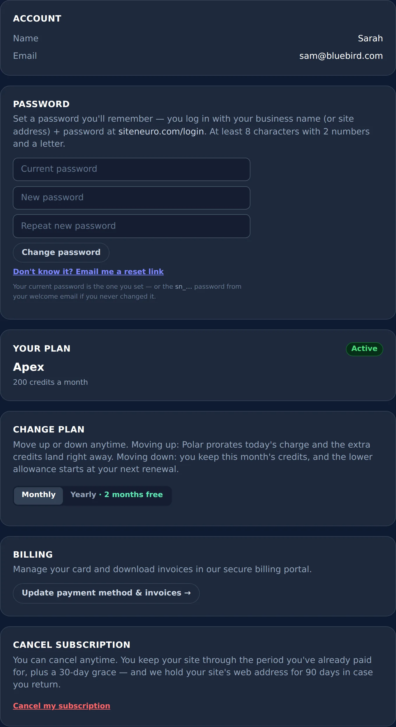Account settings screen