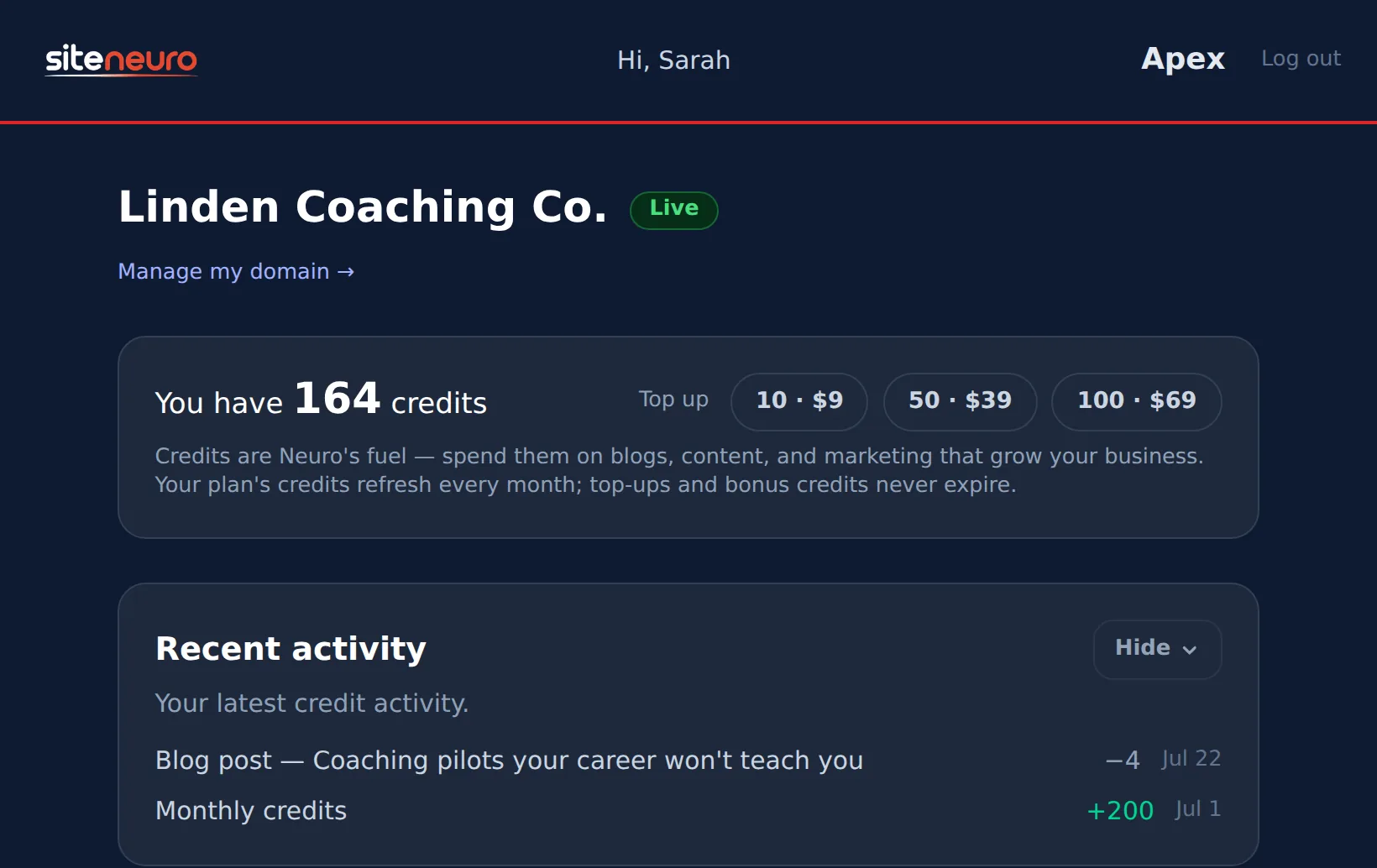 Credits and recent activity at the top of the dashboard
