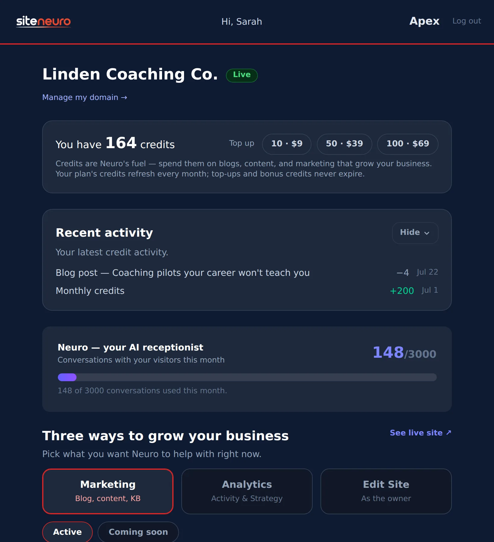 The SiteNeuro owner dashboard for a professional personal brand, showing credits, Marketing, Analytics & Strategy, and Edit Site tabs