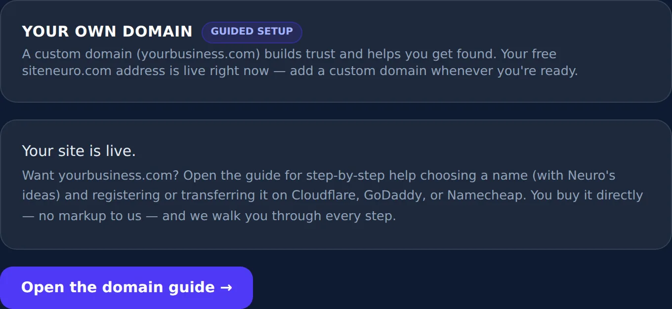 Domain setup guided flow