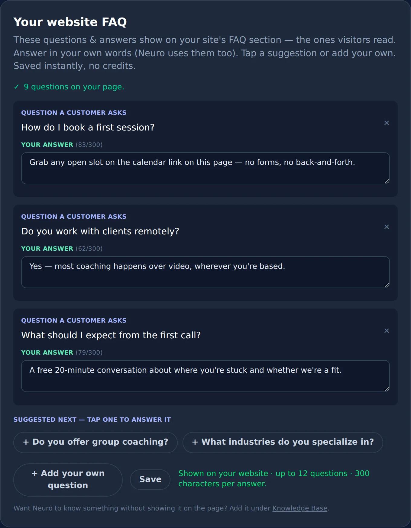 FAQ management screen