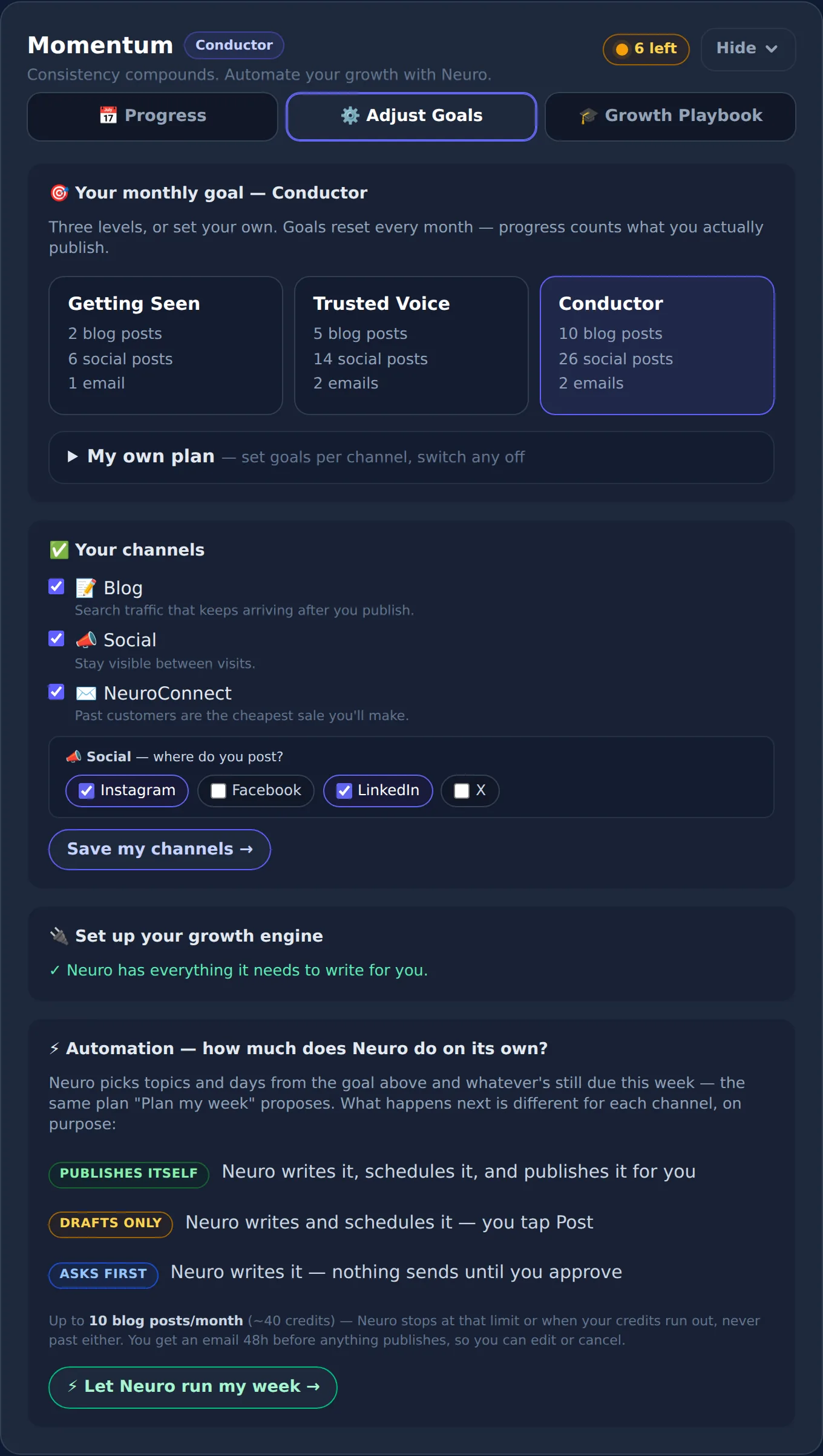Momentum's Adjust Goals tab — monthly level, channels, and automation
