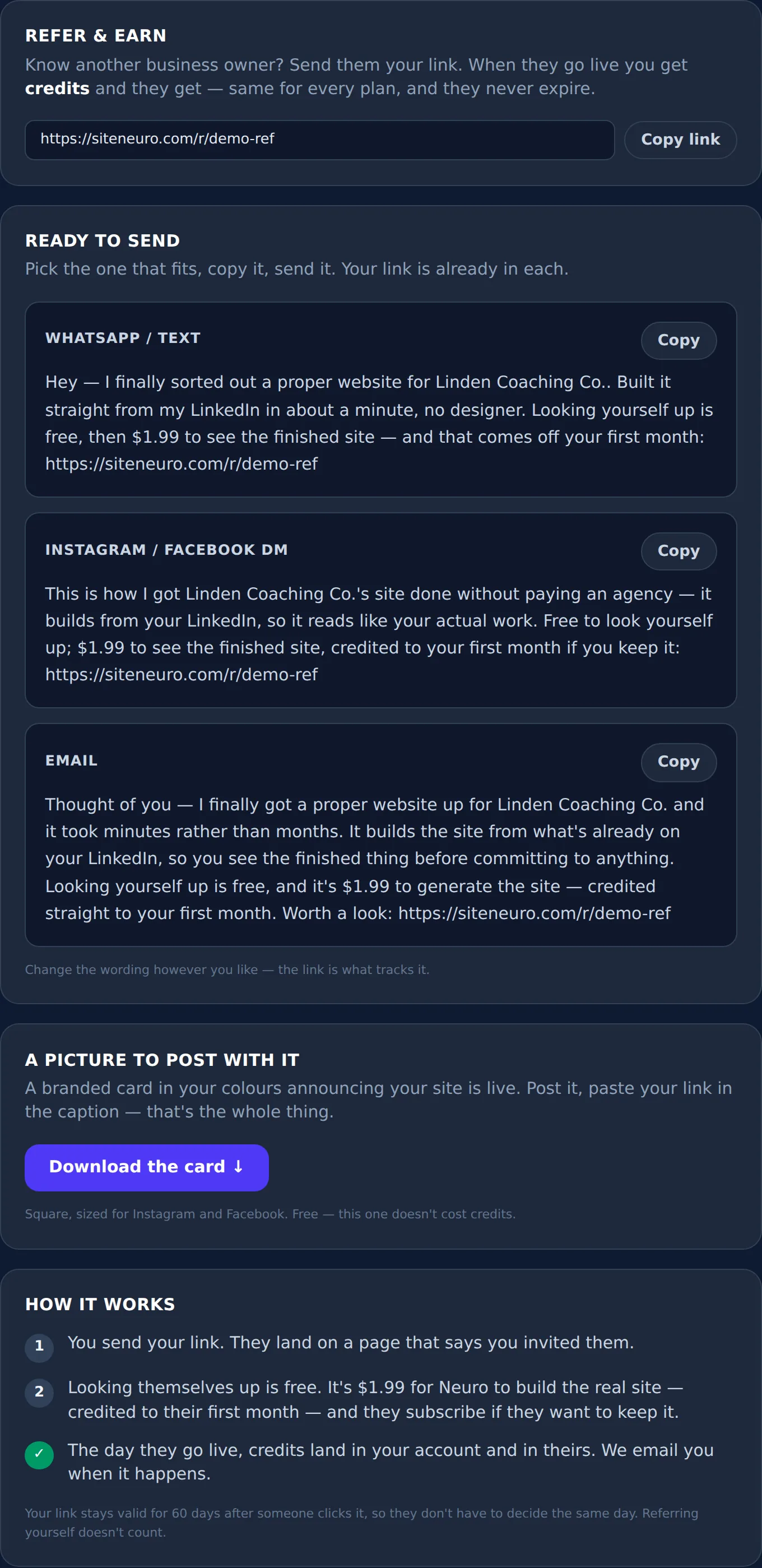 Refer and earn link card