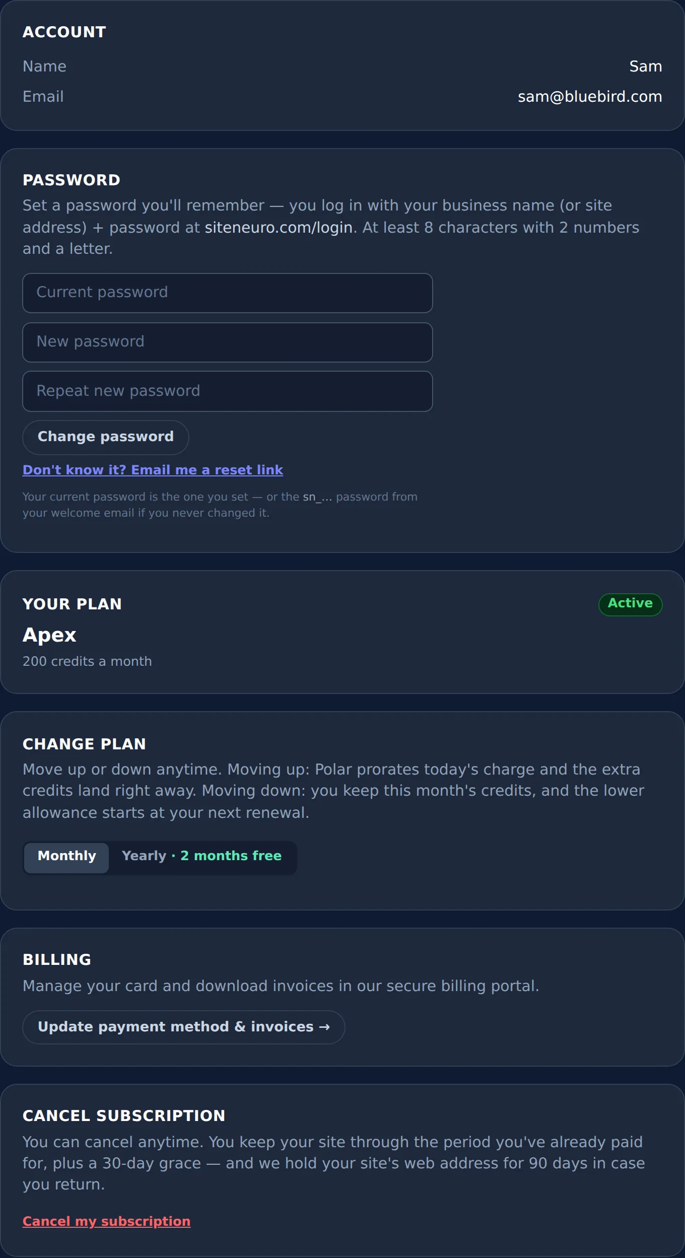 Account settings screen