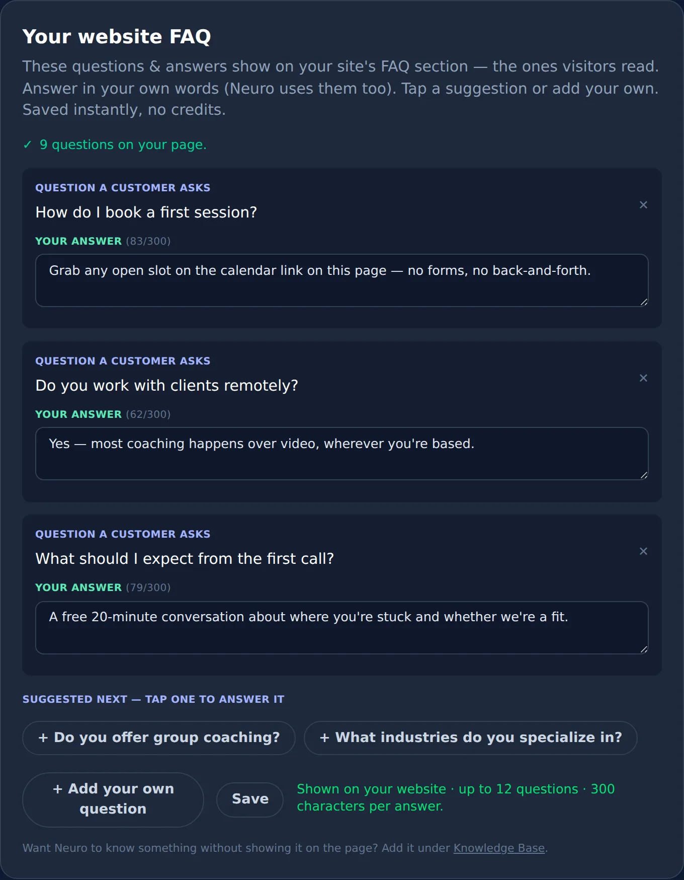 FAQ management screen