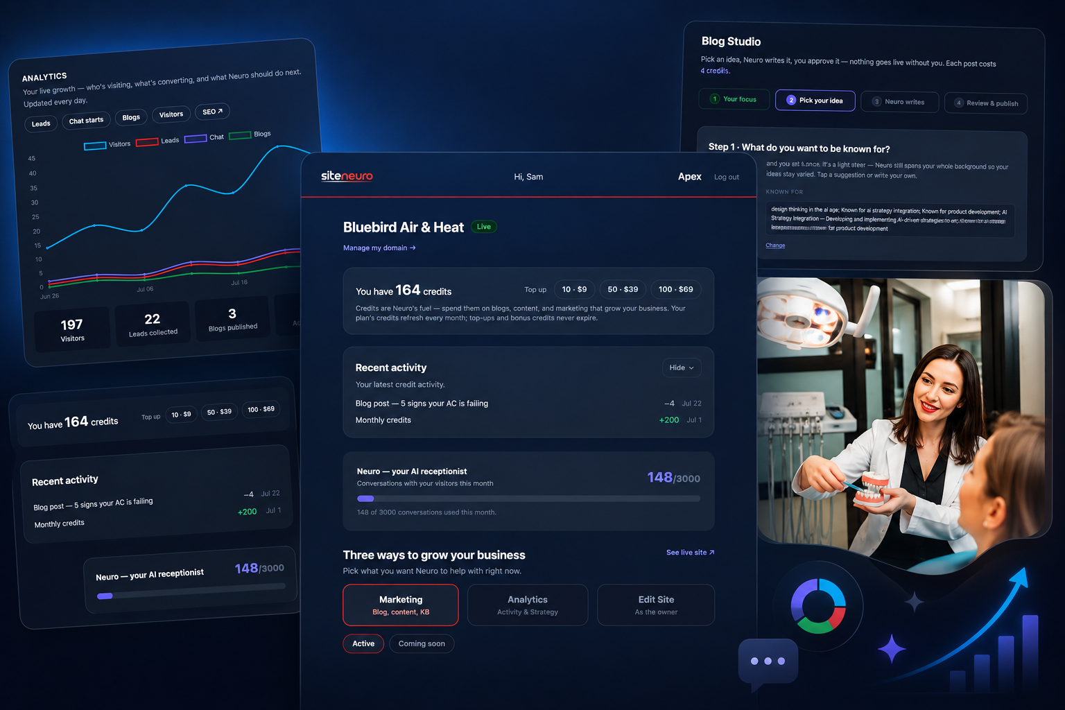 The SiteNeuro owner dashboard showing credits, Marketing, Analytics & Strategy, and Edit Site tabs