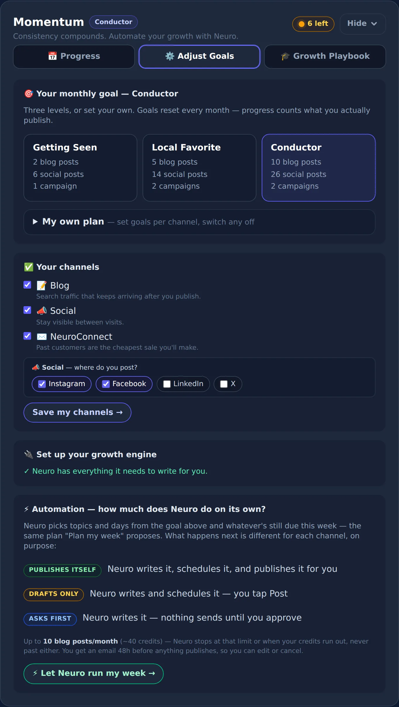 Momentum's Adjust Goals tab — monthly level, channels, and automation