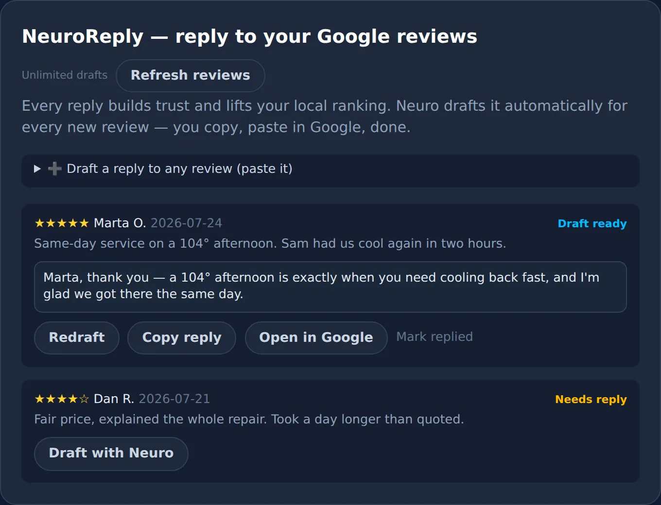 NeuroReply review reply drafts