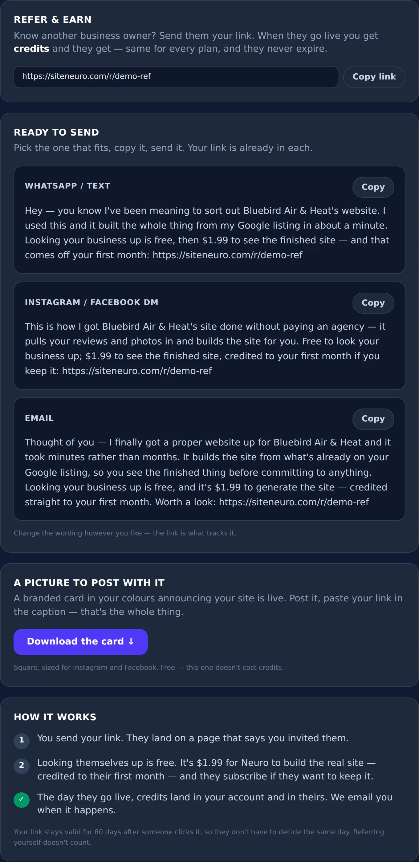 Refer and earn link card