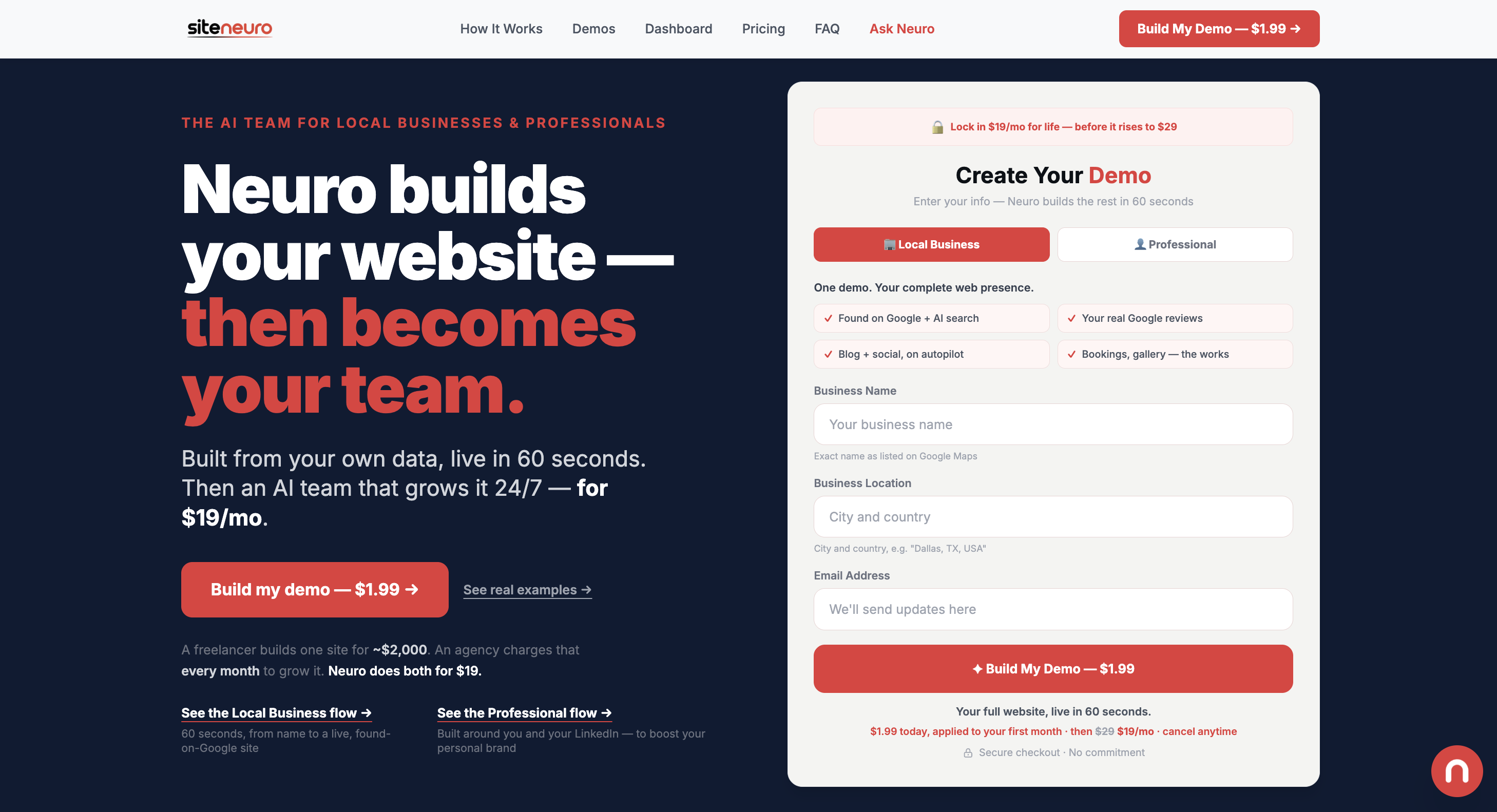 The SiteNeuro demo form on Local Business mode — enter your name, city, and email