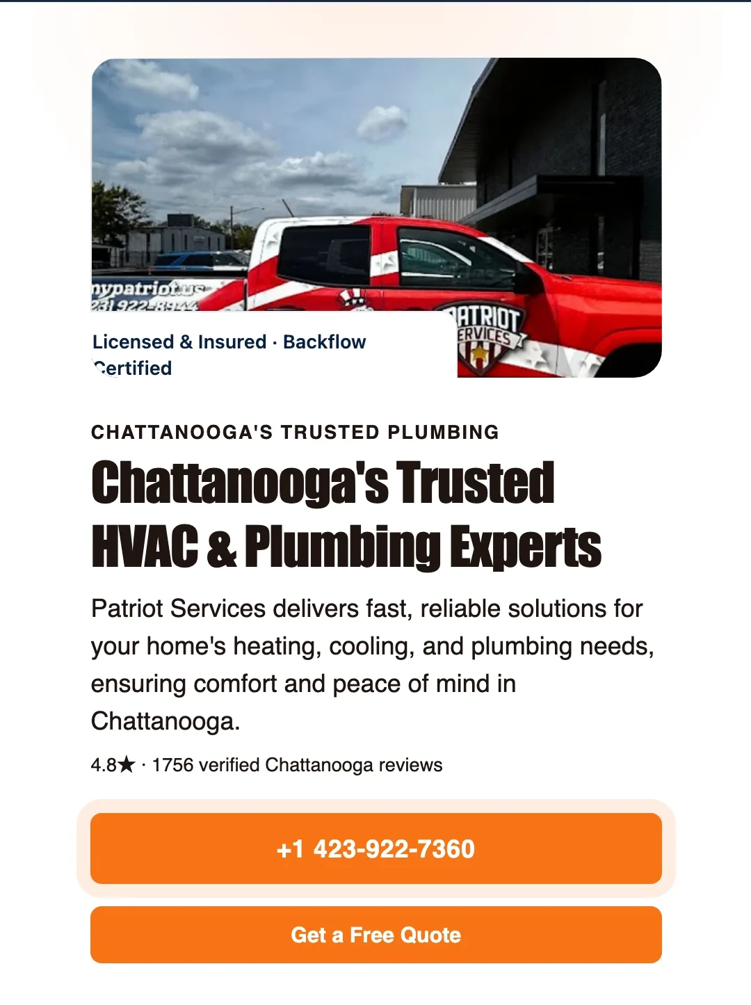 The same trades site on a phone, where most "plumber near me" searches happen — one tap to call, one tap to book