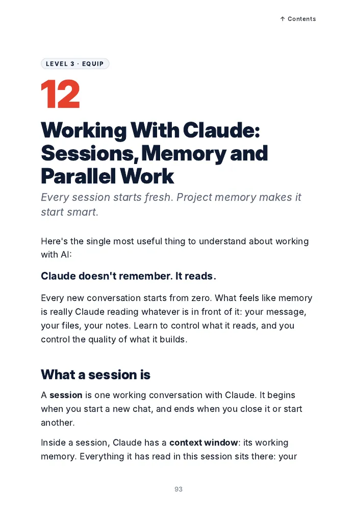 First page of Chapter 12: Working With Claude: Sessions, Memory and Parallel Work