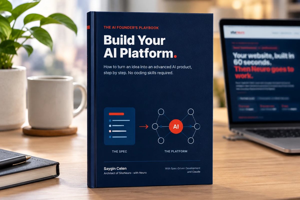 Build Your AI Platform by Saygin Celen: a book on building an AI product without coding, on a desk next to a laptop.
