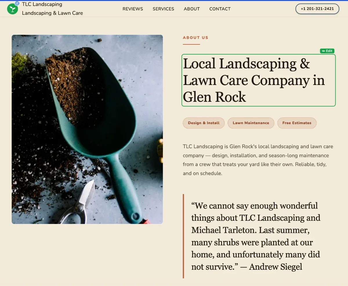 Editing your live site — click any section and change it on the spot