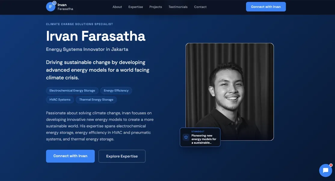 Irvan Farasatha — an energy consultant's site Neuro built: credible, clear, and ready to win clients