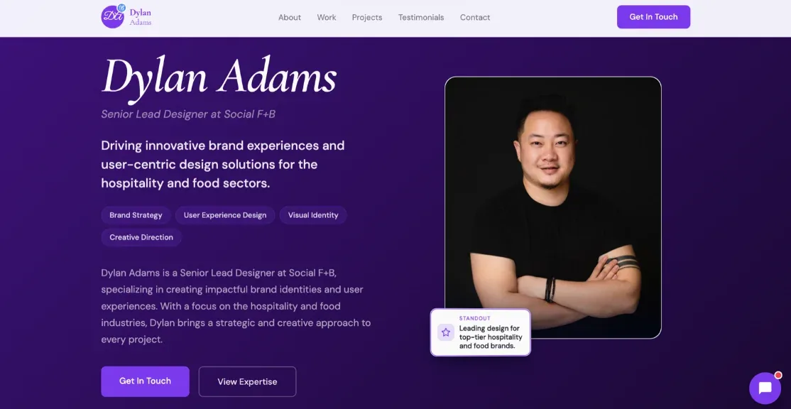Dylan Adams — a designer's site Neuro built, with his work, story, and a clear "get in touch"