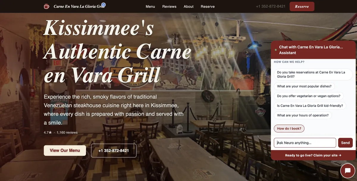 Restaurant website Neuro built for Carne En Vara La Gloria Grill in Kissimmee, with menu, reservations and Neuro's AI assistant answering diner questions.