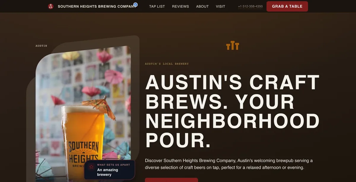 Brewery website Neuro built for Southern Heights Brewing Company in Austin, with its taproom photo, craft-beer introduction and a tap-to-call number.