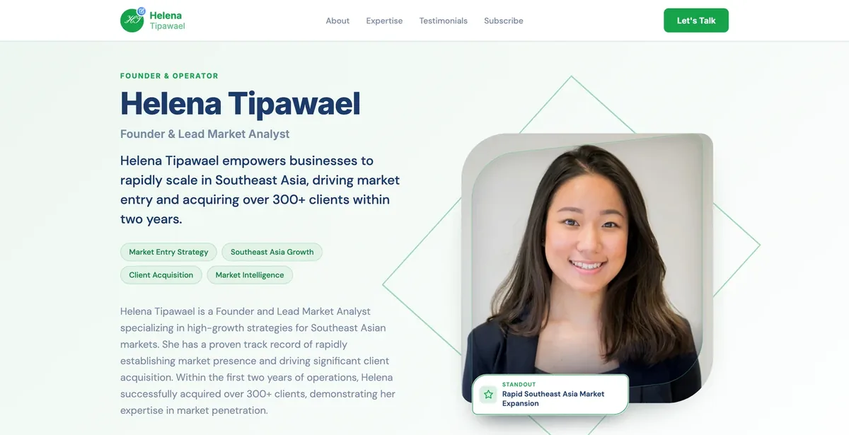 Personal website Neuro built for Helena Tipawael, founder and lead market analyst, showing her expertise, client results and contact options.