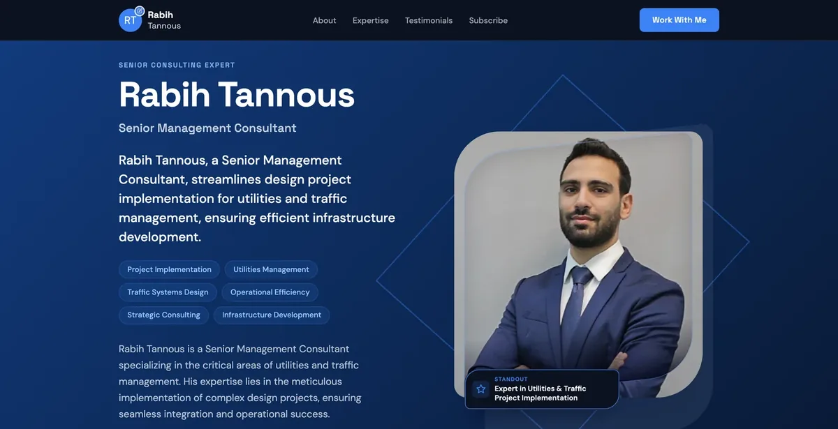 Personal website Neuro built for Rabih Tannous, a senior consultant, showing his expertise and an easy way to book a first call.