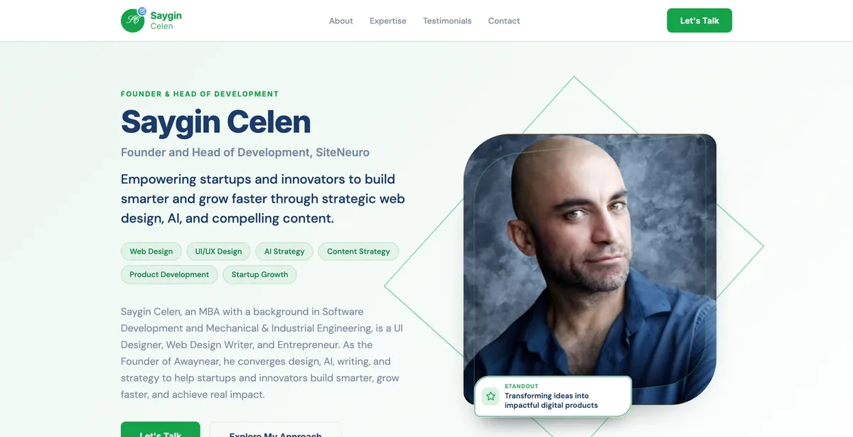 Personal website Neuro built for Saygin Celen, founder and head of development, with Neuro's AI assistant answering questions about his work.