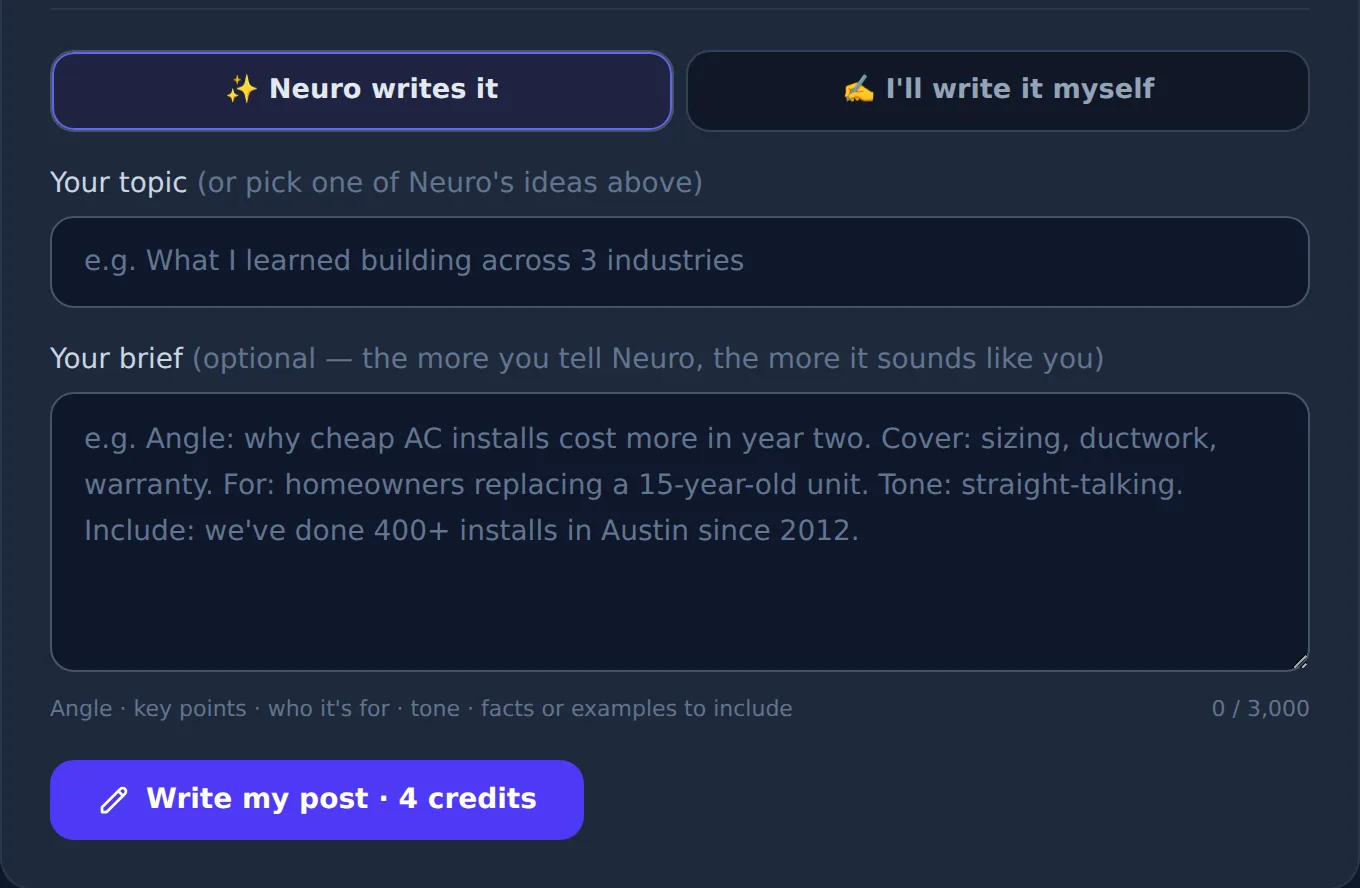 The blog page's Neuro writes it mode: a topic, an optional detailed brief, and Write my post for 4 credits