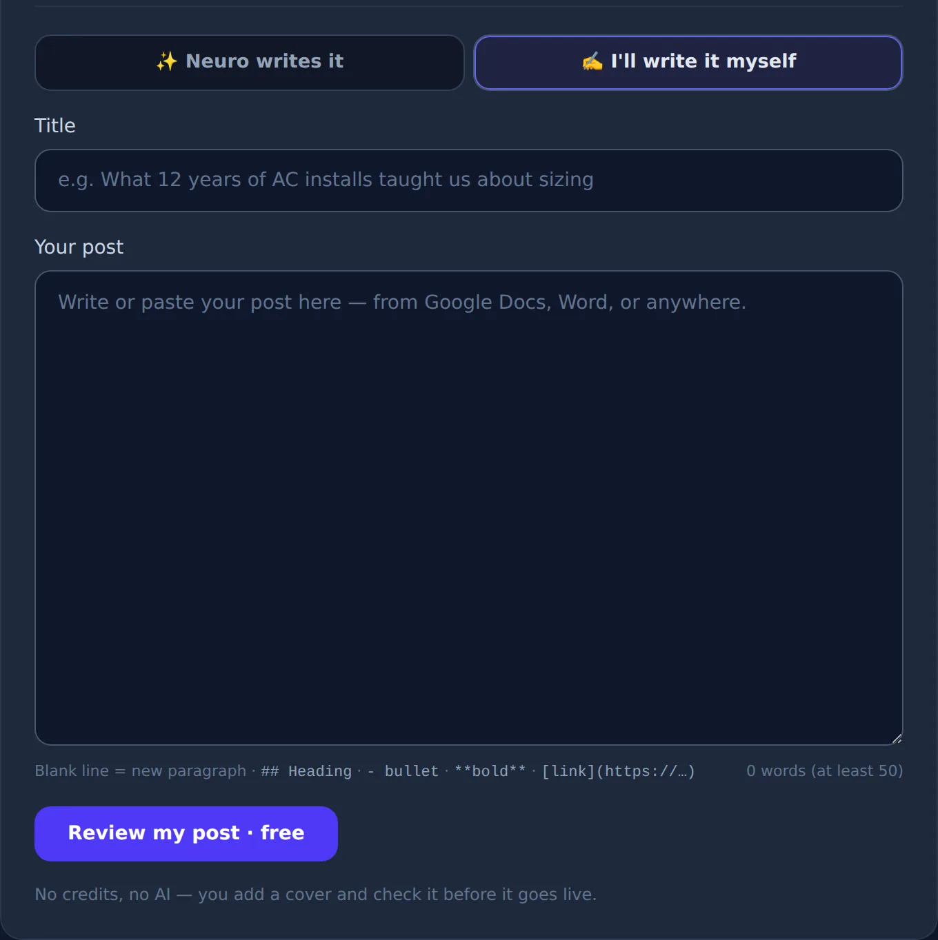 The blog page's I'll write it myself mode: a title, your post pasted from Docs or Word, and Review my post for free
